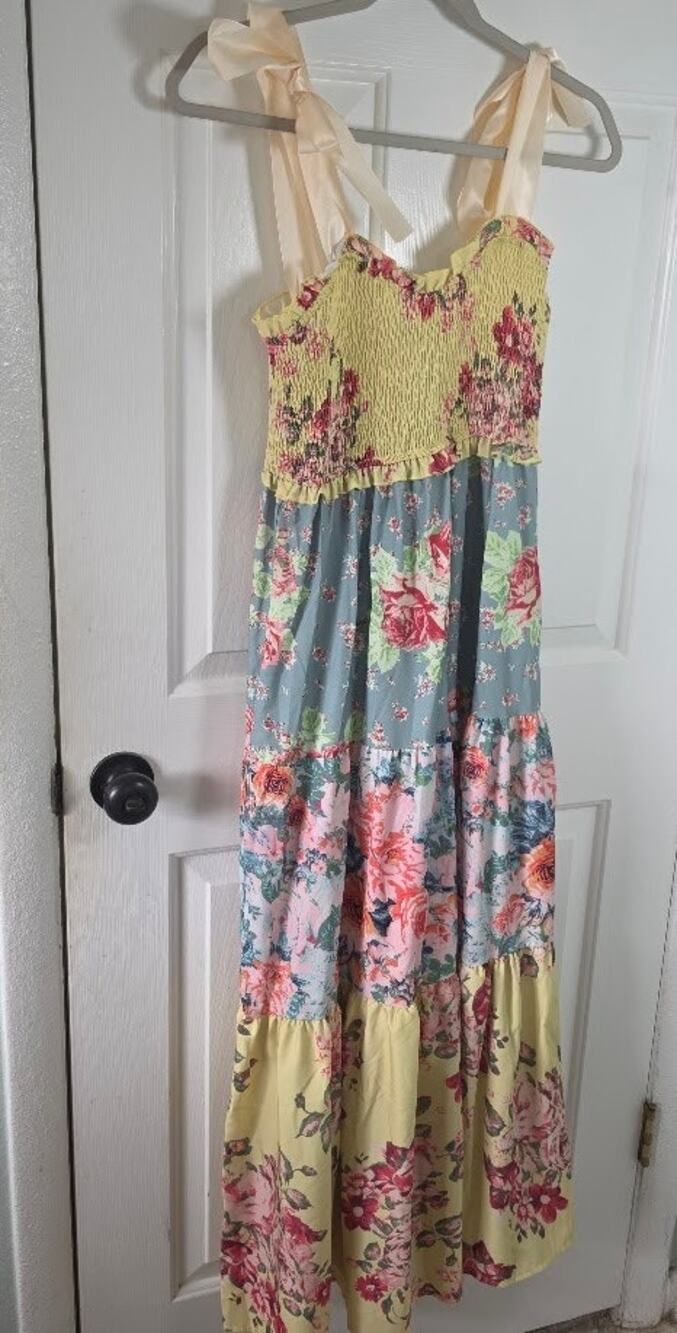 EUC Floral Patchwork Tiered Maxi Dress Smocked Bodice Ribbon Tie Straps S Yellow